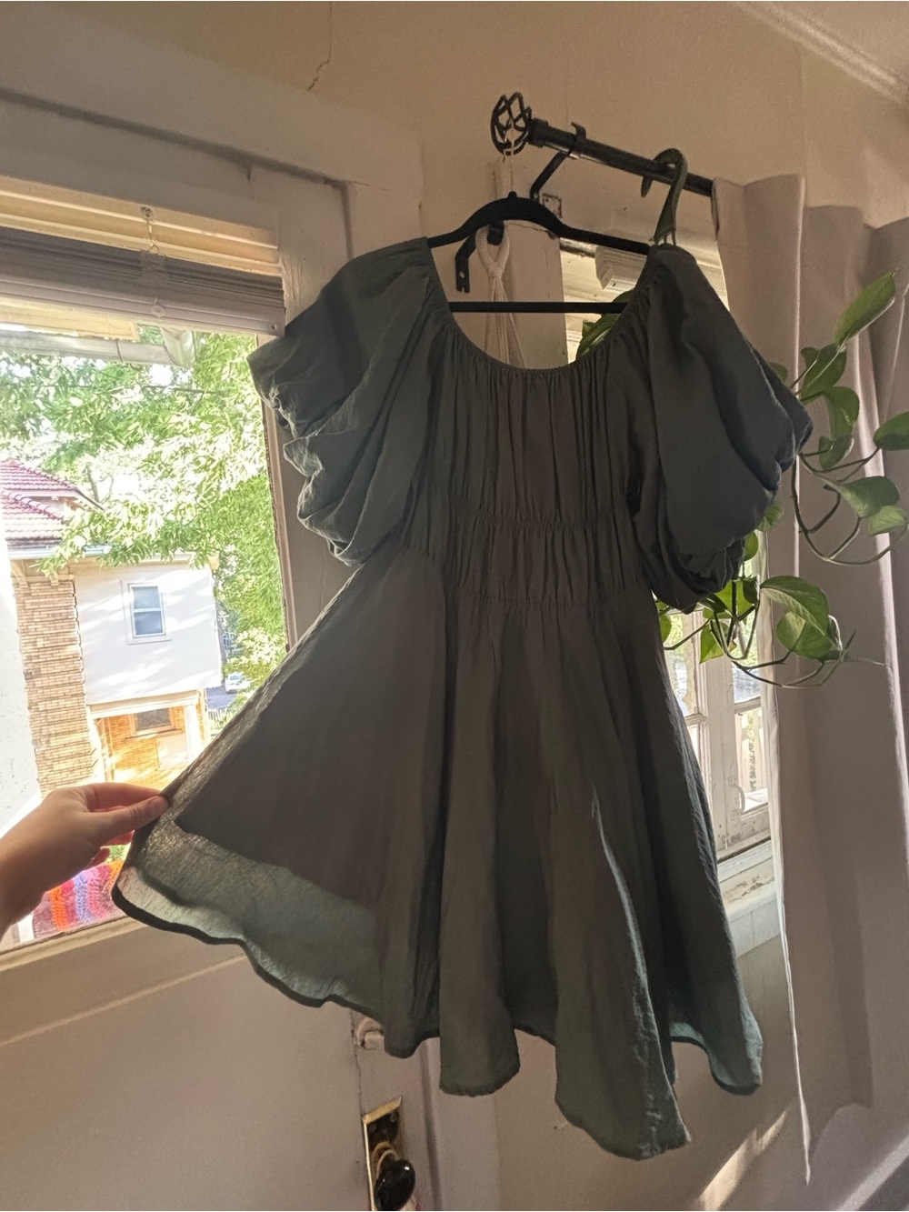Altar'd State Olive Green Mini Dress with Puff Sleeves